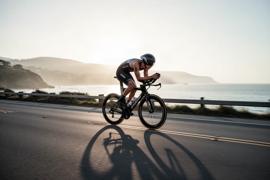 Triathlet in aerodynamischer Sitzposition auf einer Küstenstraße bei Sonnenaufgang