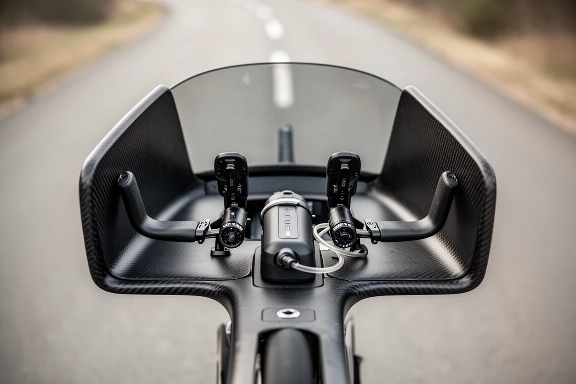Nahaufnahme eines geschlossenen Triathlon-Cockpits mit erhöhten Seitenwänden und Extensions