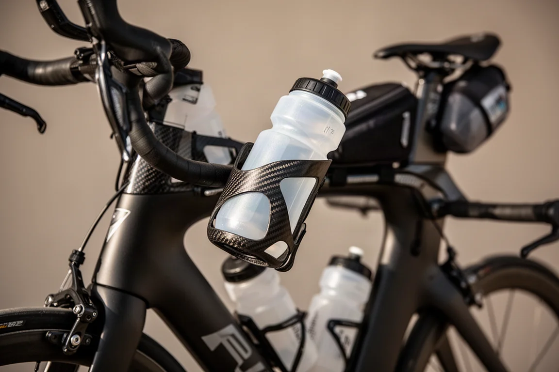 Zwischen den Armen montierte Trinkflasche über dem Vorbau eines Triathlon-Rads