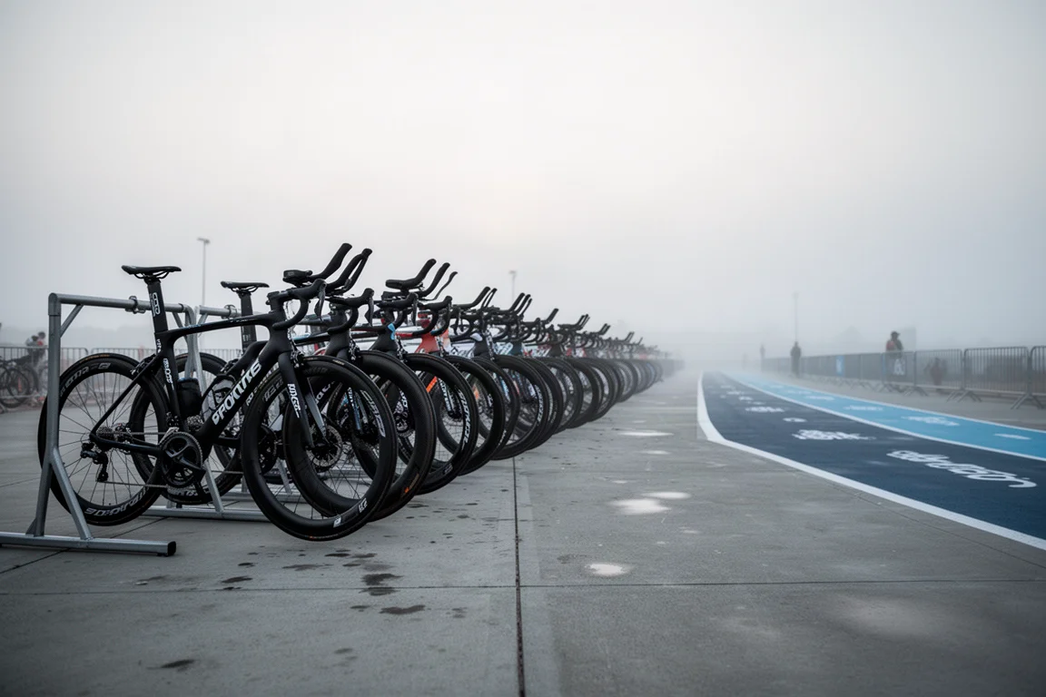 Reihe von Aero-Triathlon-Rädern in der Wechselzone im Morgengrauen