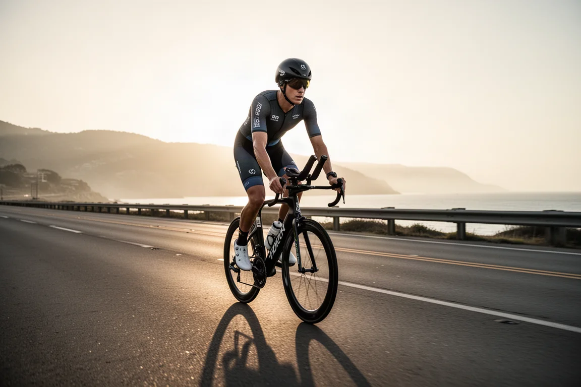 Triathlet som cyklar en triathloncykel på en öppen väg i soluppgången