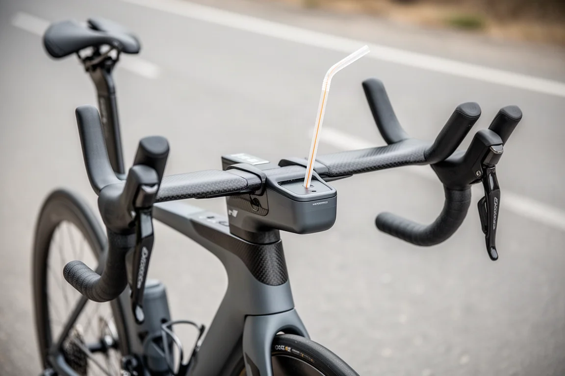 Detalj av sugrör och frontvätskeenhet mellan aerostyret på en triathloncykel