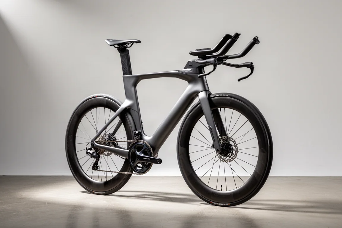 Modern triathlon bike with deep-section wheels and aerobars on a grey studio backdrop