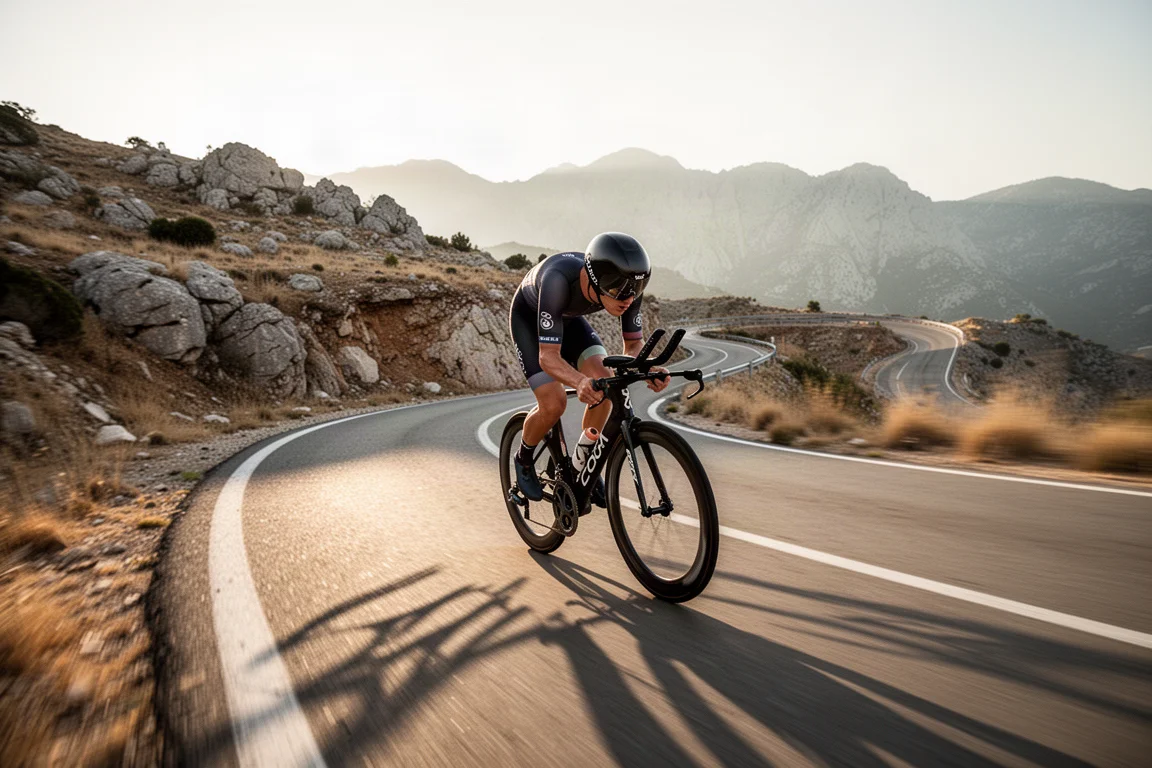Triathlonista zjeżdżający z dużą prędkością krętą górską drogą w popołudniowym świetle