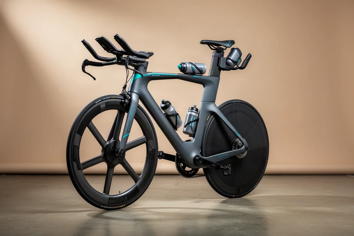 Topklasse triatlonfiets met aero-wielen en extensies op een lichtgrijze studiowand