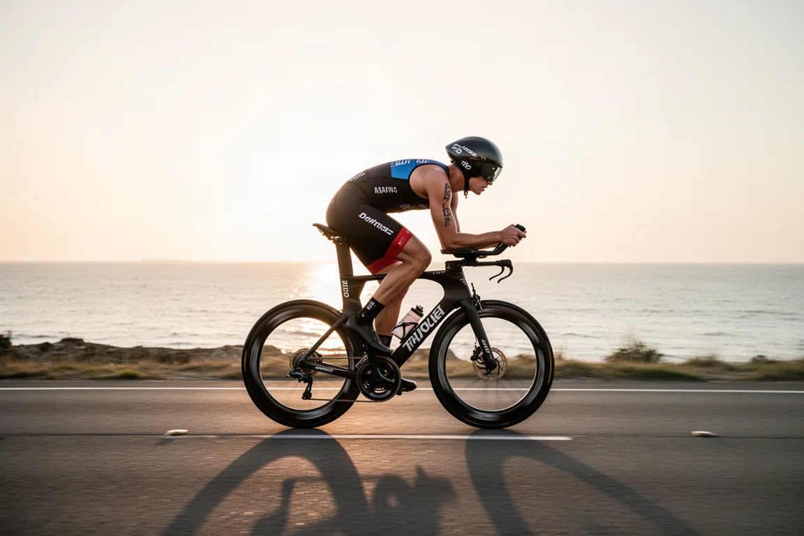 Triatleet in aerodynamische houding op een carbon triatlonfiets op een lege kustweg bij zonsopgang