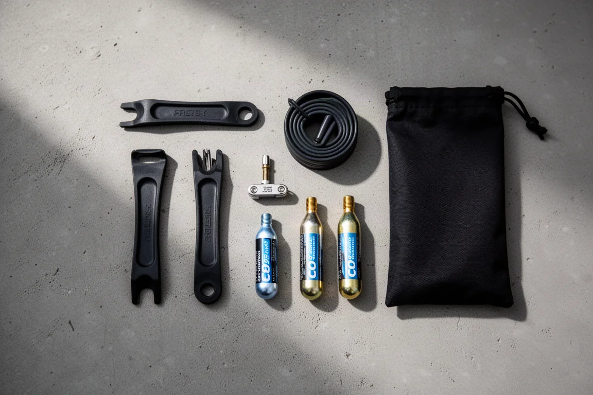 Flatlay van reserveonderdelen voor de wedstrijddag, waaronder bandenlichters, binnenband, CO2-patronen en een multitool