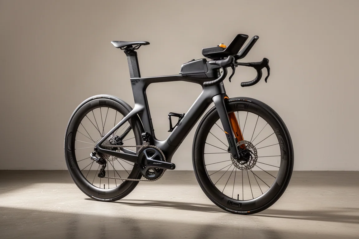 Kolfibertriathloncykel med integrerad frontcockpit och högprofilerade hjul på ett betonggolv