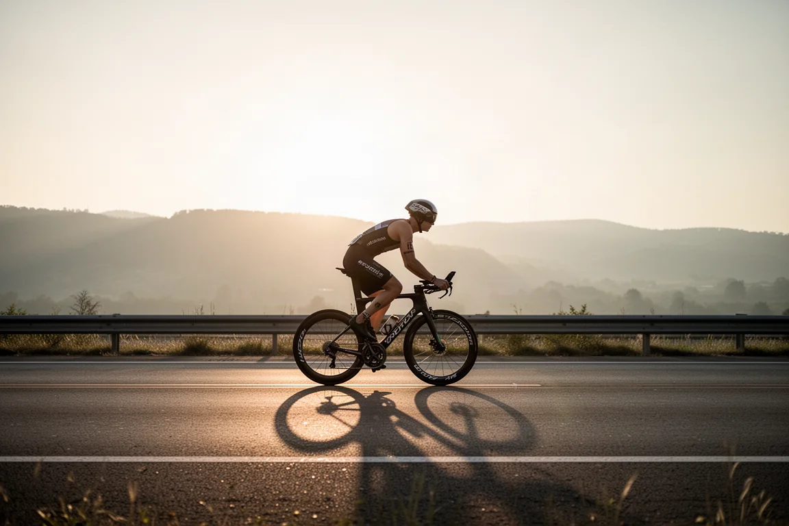 Triatleta che pedala da solo su una strada tranquilla all'alba con luce dorata bassa