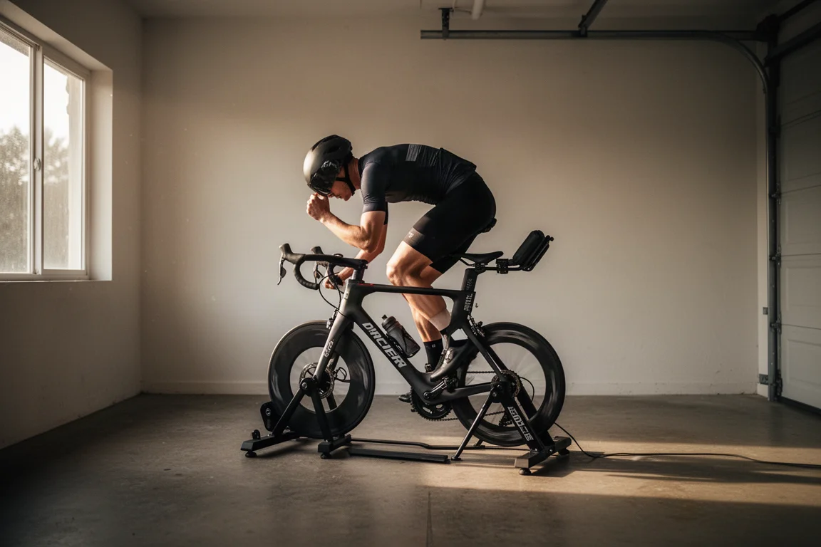 Ciclista che allena la posizione aerodinamica su un rullo indoor in un garage