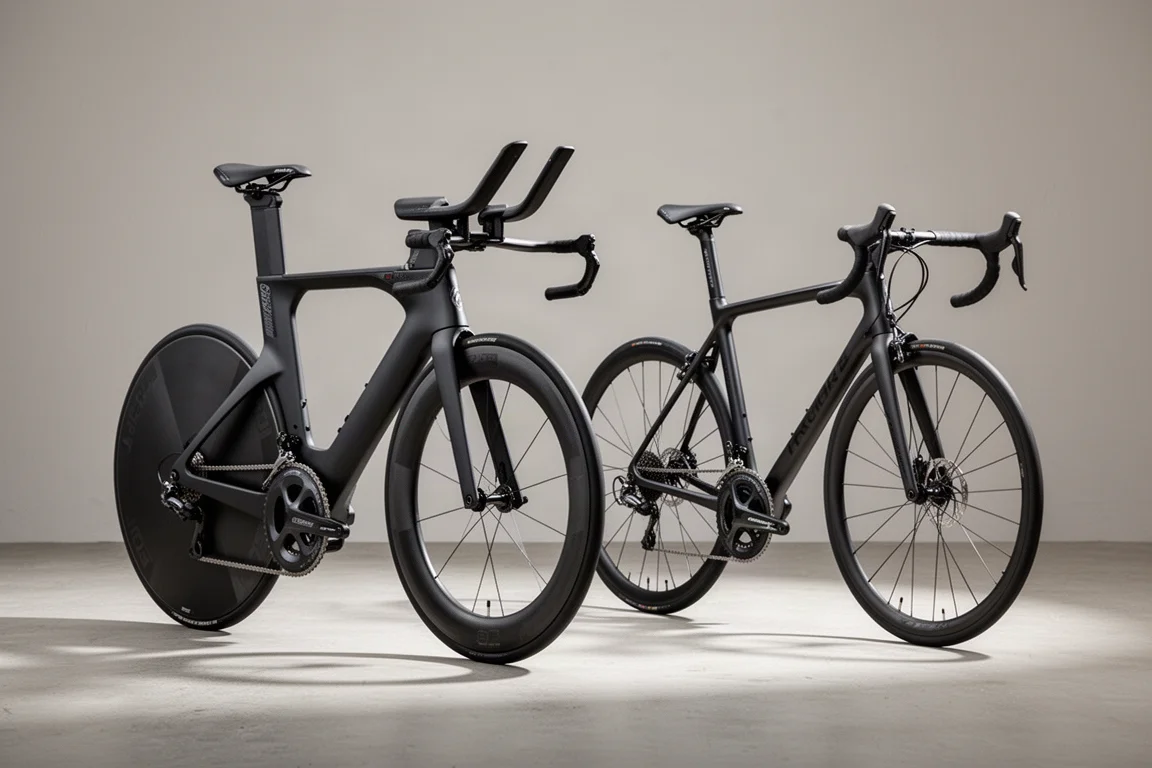A time trial bike and a lightweight road bike side by side on a concrete surface