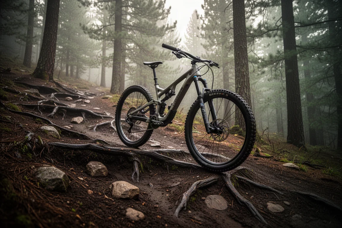 Ciclista subiendo por un estrecho sendero de bosque en una bici de montaña de doble suspensión