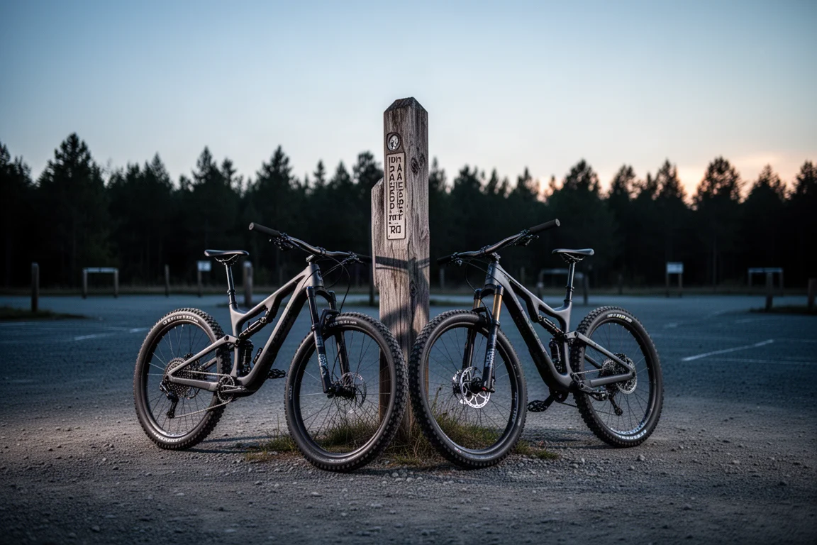 Centro de senderos de bike park al atardecer con un ciclista recogiendo después de una sesión