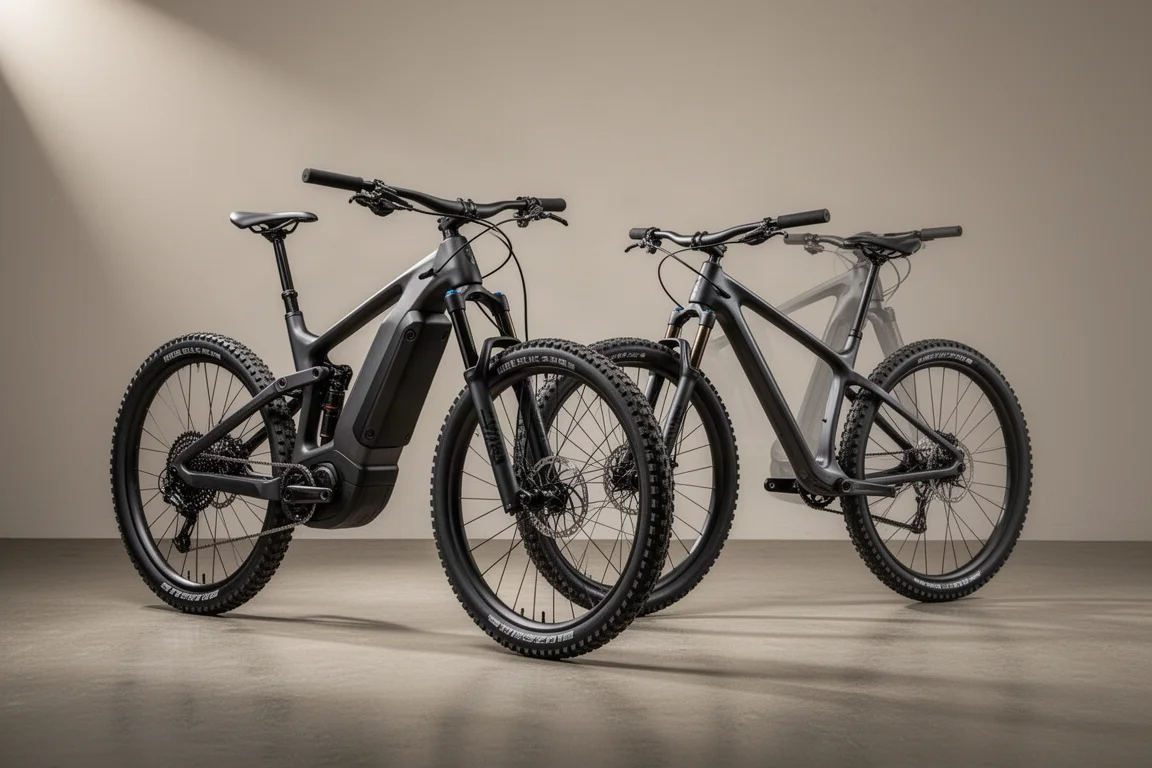 Två enduromountainbikes sida vid sida, en elektrisk med batteri i downtuben och en lättviktscykel i kolfiber för tävling