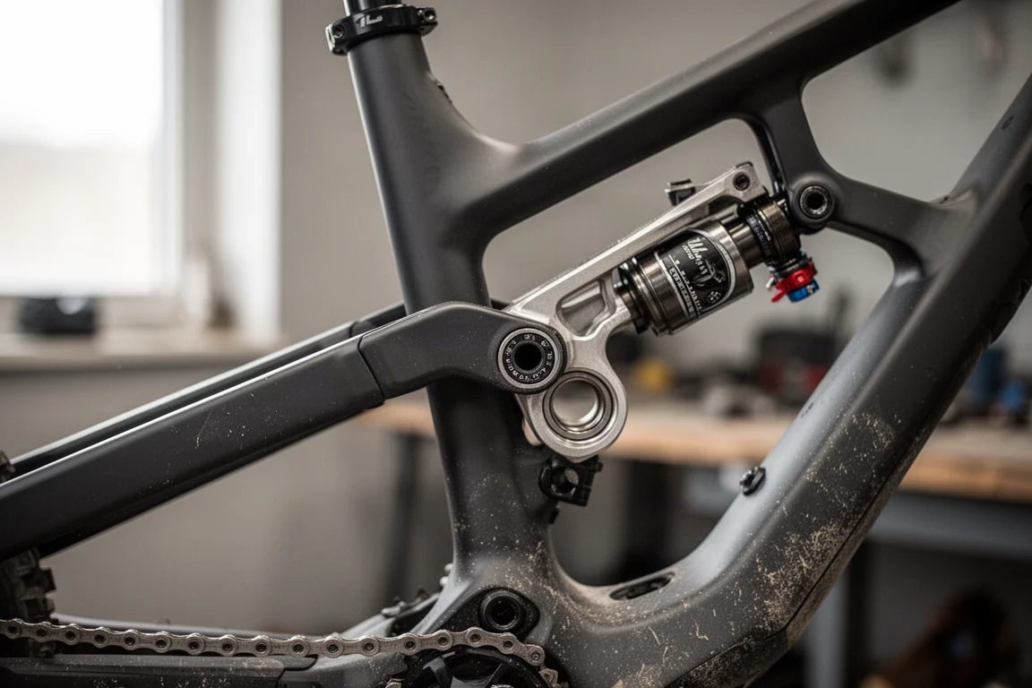 Suspension linkage detail on a long-travel mountain bike frame with exposed bearings