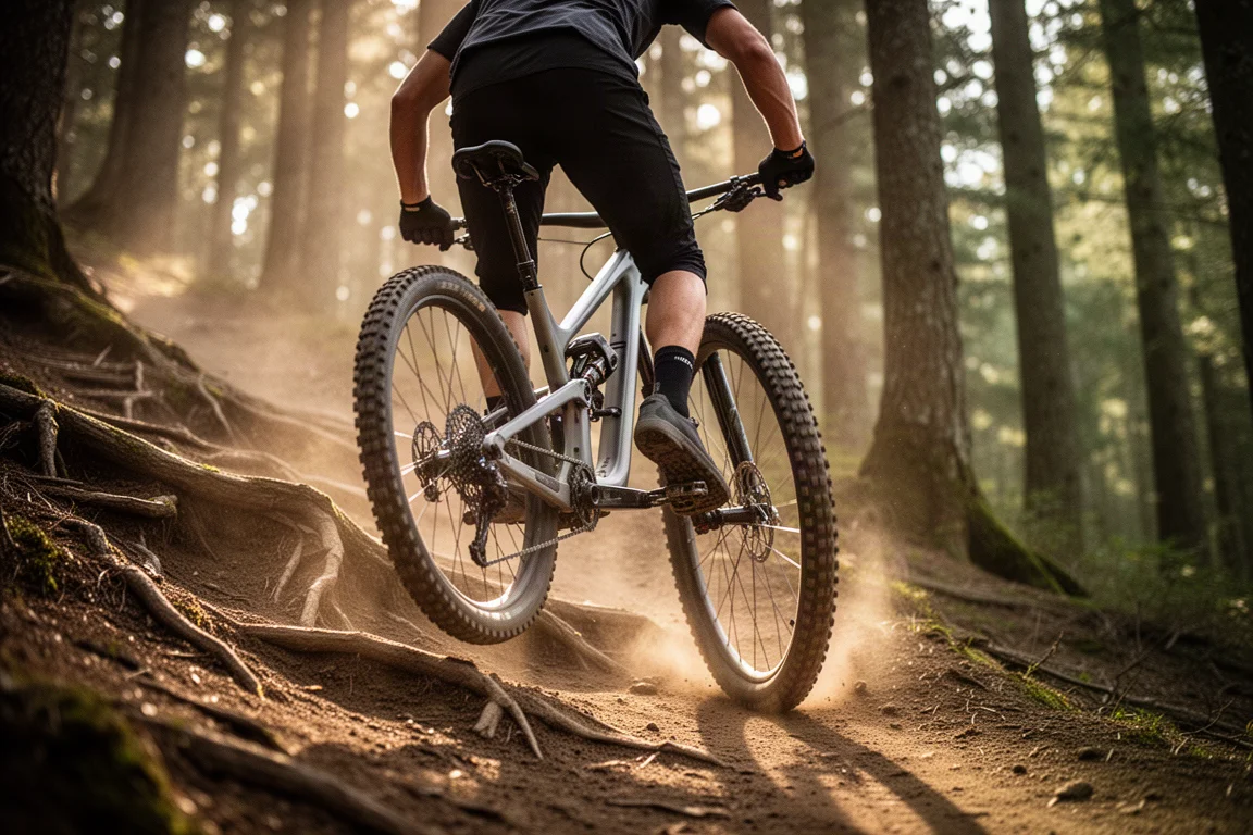 Mountain biker pedalling a steep technical climb on a forest trail at golden hour