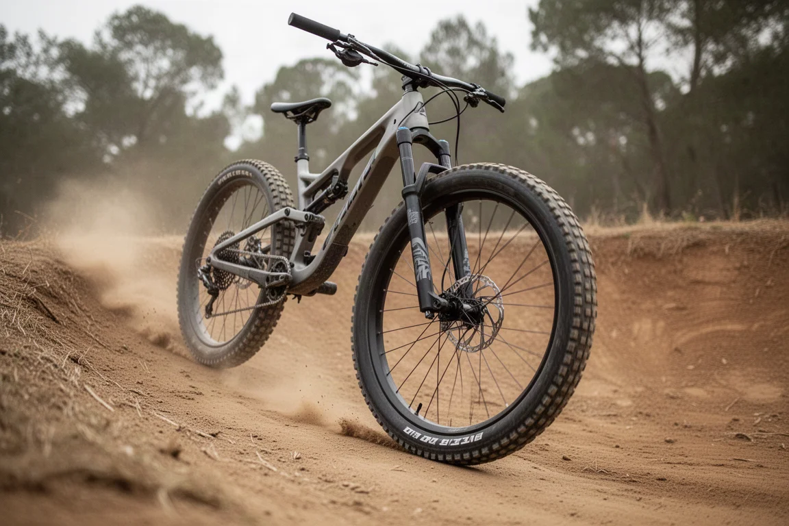 Close-up of a mullet mountain bike with a larger front wheel and smaller rear wheel mid-corner