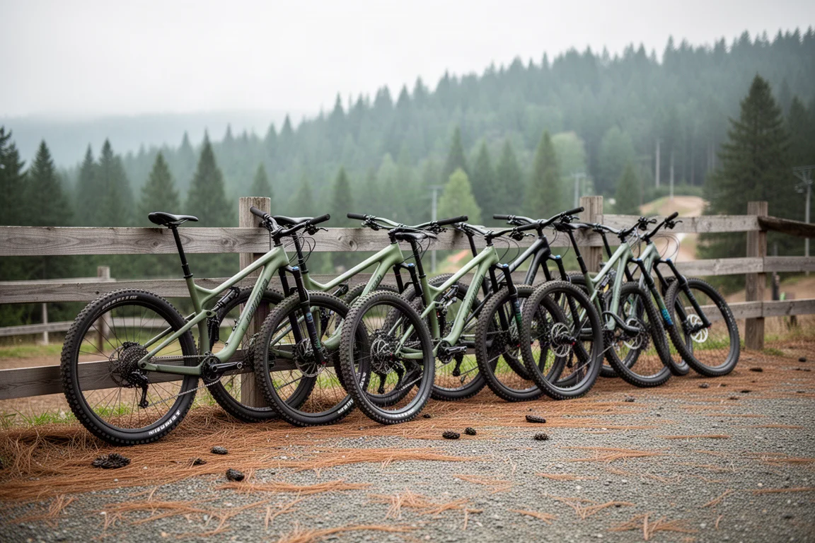Row of mountain bikes leaning against a wooden fence at a bike park trailhead