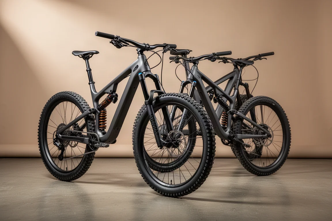 Two long-travel full-suspension mountain bikes on concrete against a neutral backdrop