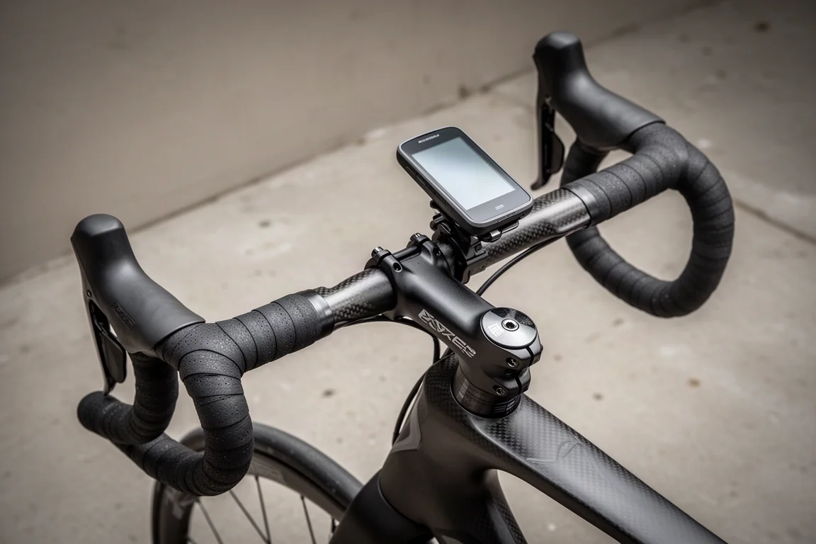 Nahaufnahme eines integrierten Carbon-Cockpits am Rennrad mit versteckten Zügen