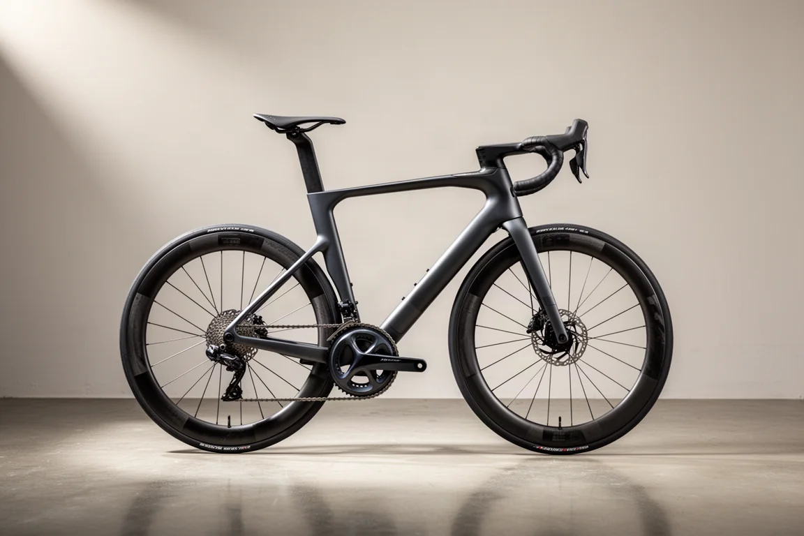 Modern carbon road racing bike with deep-section wheels on a neutral grey backdrop