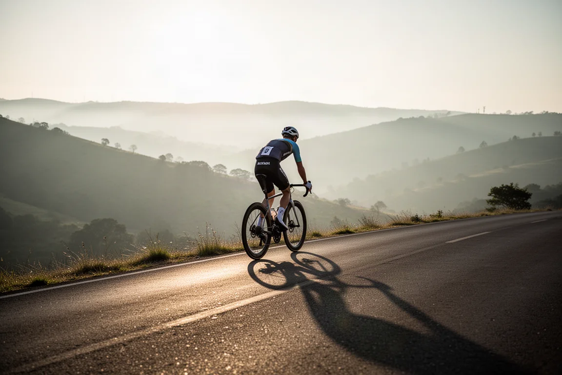 Rennradfahrer klettert bei weichem Morgenlicht eine steile offene Straße hinauf