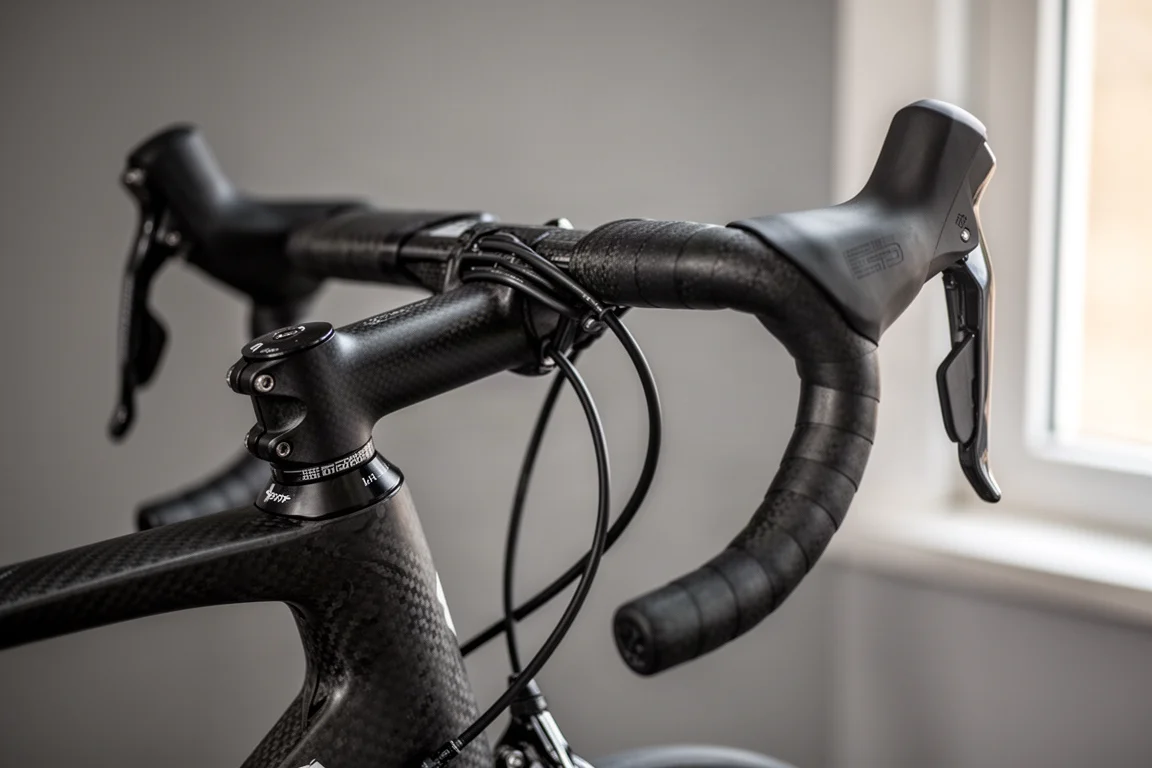Nahaufnahme eines einteiligen Carbon-Rennrad-Cockpits mit intern verlegten Leitungen