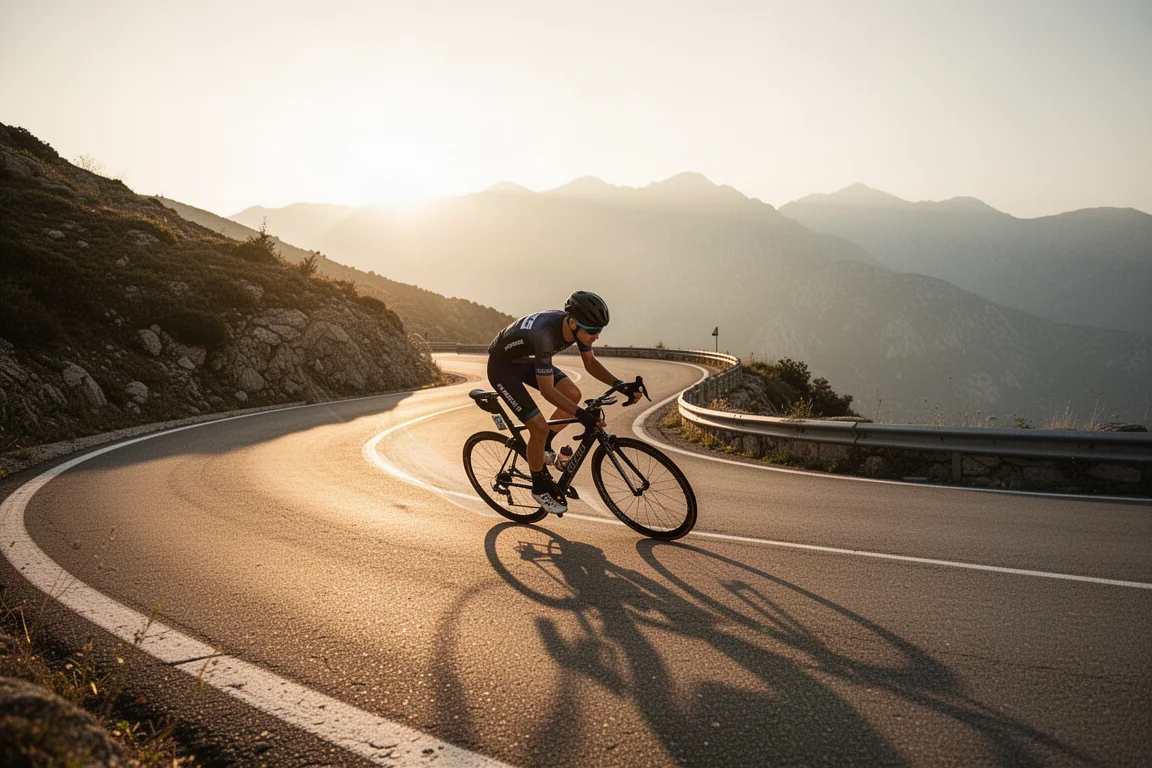 Rennradfahrer fährt in der goldenen Stunde eine kurvige Bergstraße hinunter