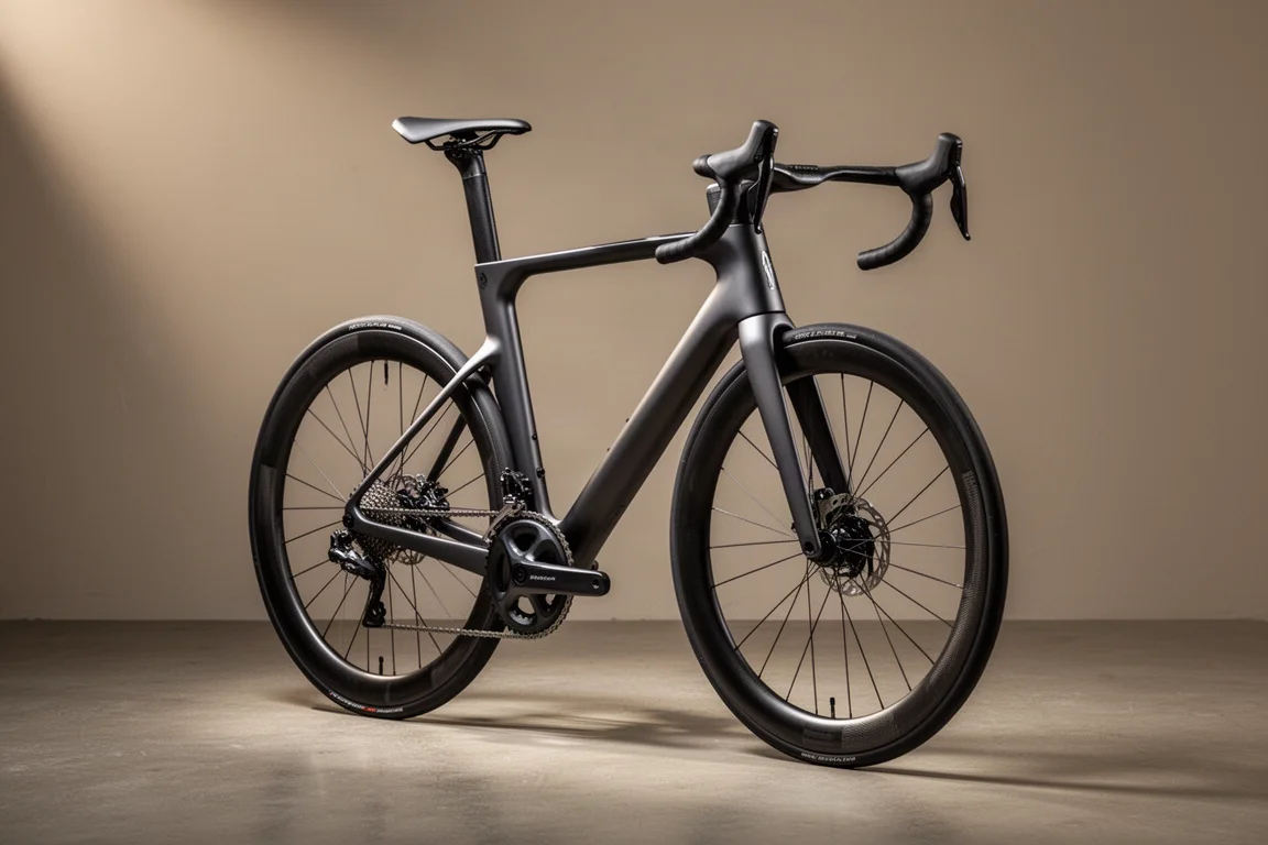 Moderne carbon racefiets met hoge velgen en geïntegreerde cockpit op beton