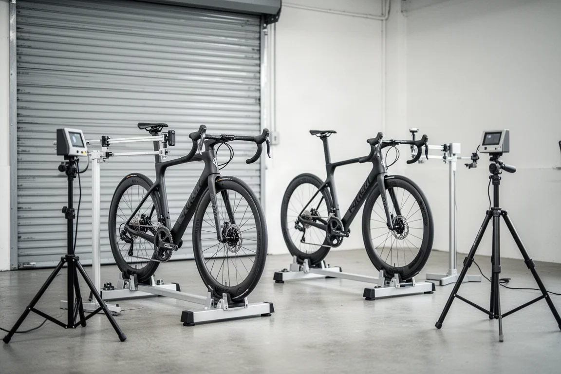 Due bici da strada su cavalletti da officina con strumenti di misurazione in un laboratorio di test