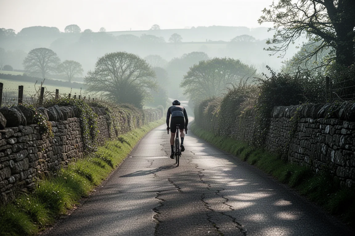 Ciclista su strada che scala una ripida stradina di campagna nella luce del primo mattino