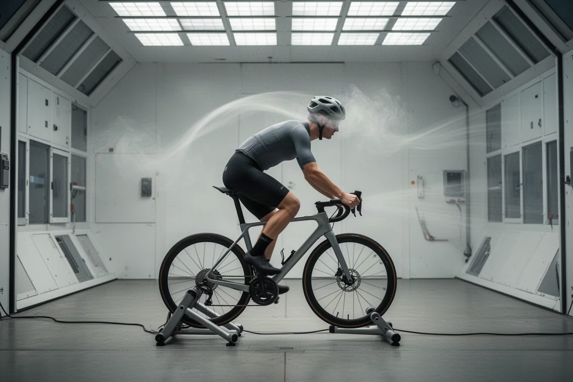 Ciclista in galleria del vento con il flusso d'aria visualizzato attorno al corridore