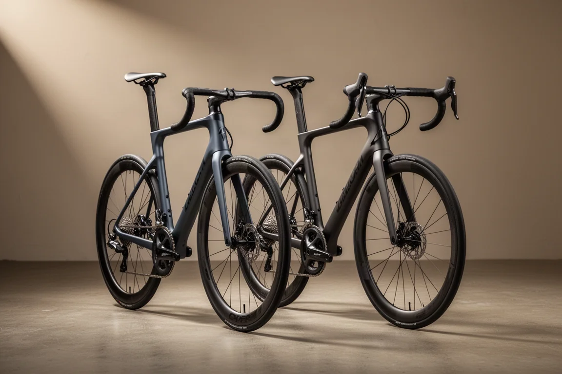 Twee carbon racefietsen naast elkaar op een betonnen ondergrond