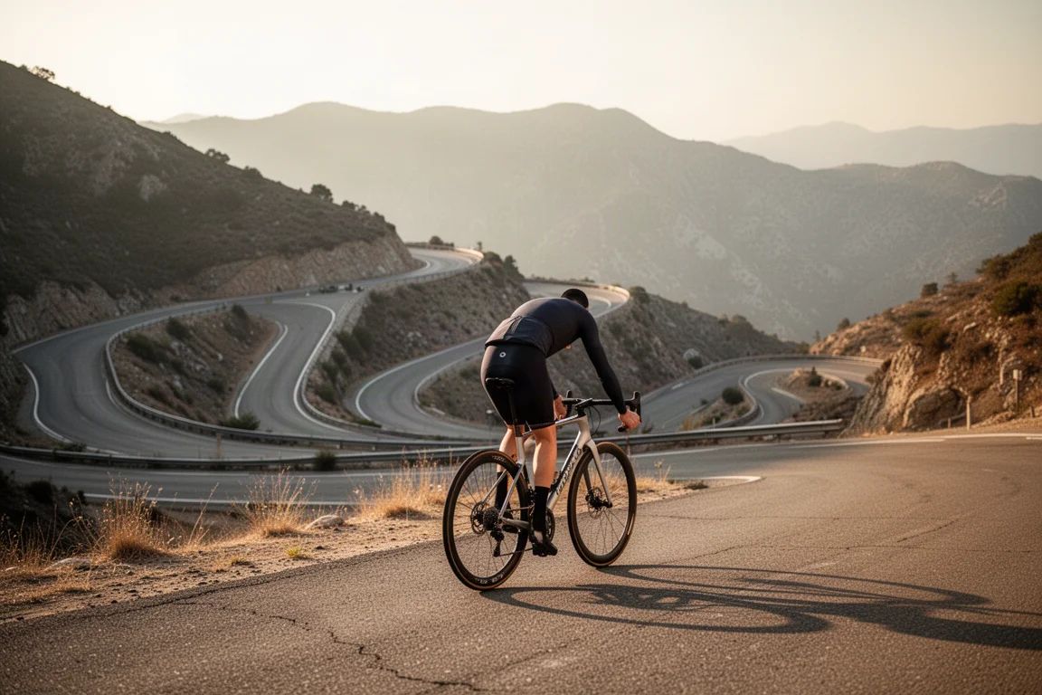 Road cyclist climbing a steep switchback road in golden morning light
