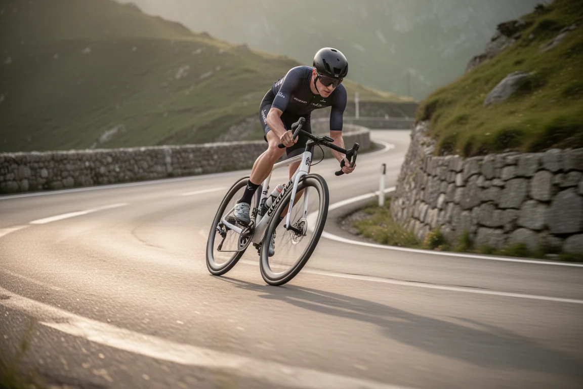 Road cyclist leaning a bike into a fast corner on a mountain descent