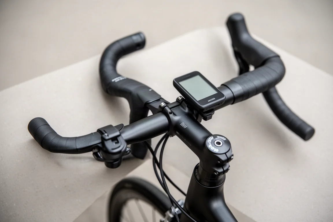 Overhead detail of a road bike cockpit with a small mounted cycle computer