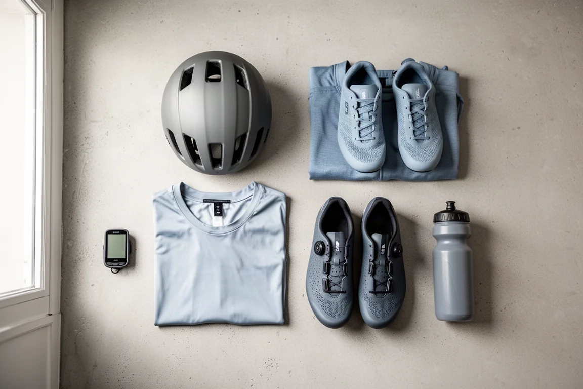 Flat lay of cycling kit, helmet, shoes, and a cycle computer on concrete