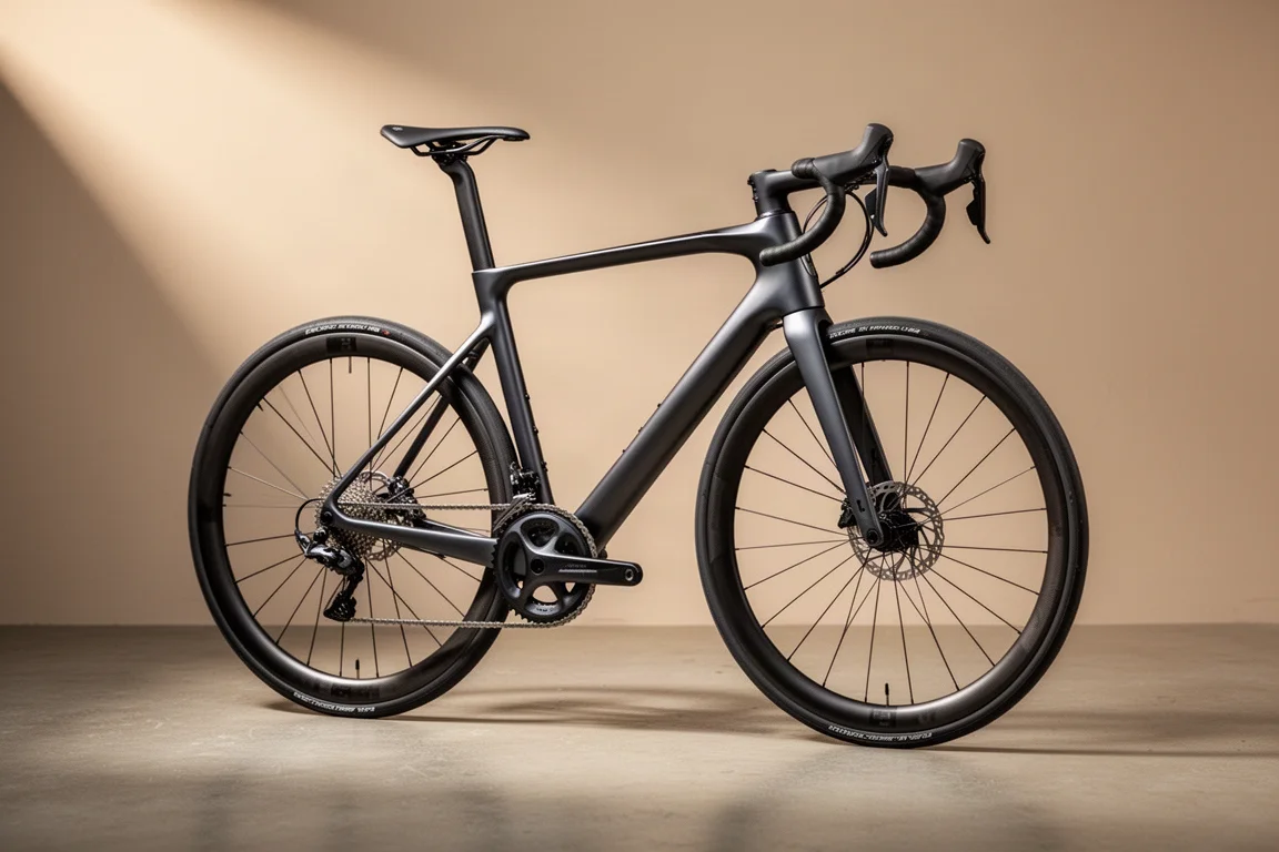 Lightweight carbon road bike in three-quarter view on a matte concrete surface