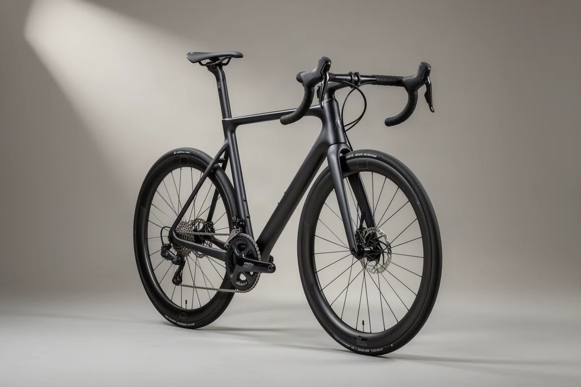 Moderne carbon racefiets met geïntegreerde cockpit en schijfremmen op een grijze achtergrond