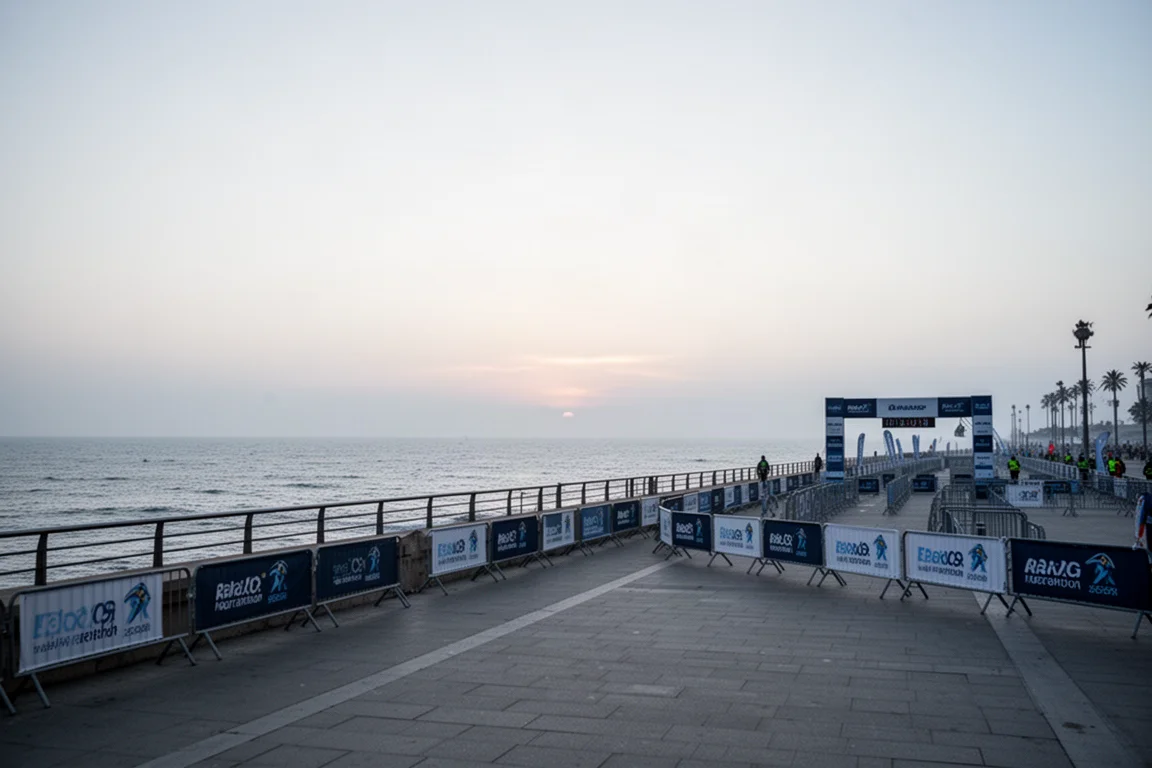 Startbereich des Marathons an einer Küstenpromenade vor Sonnenaufgang