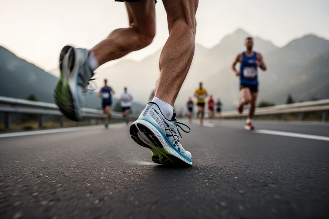 Nahaufnahme eines Läufers, der beim Straßenmarathon mit dem Mittelfuß auf glattem Asphalt aufsetzt