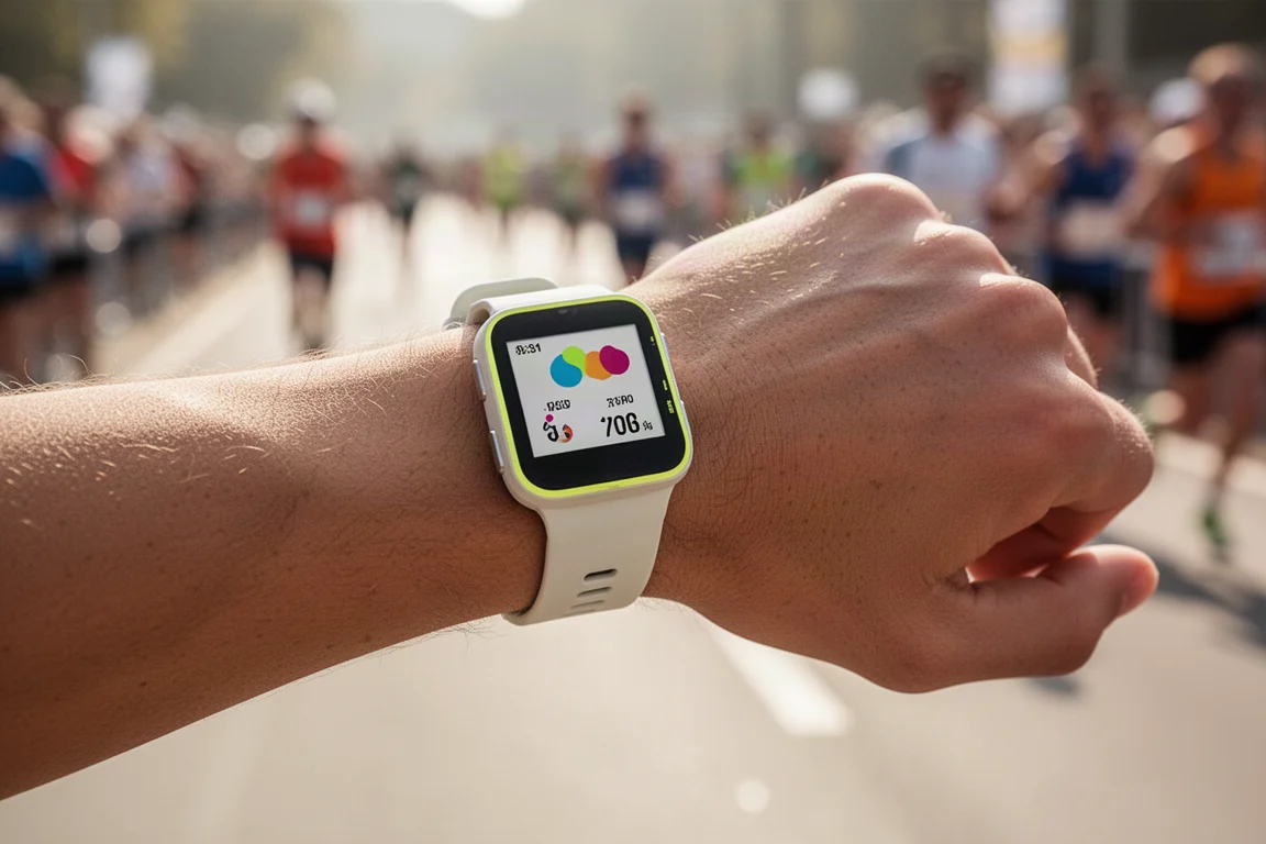Handgelenk mit kompakter GPS-Laufuhr, die einen Renntempo-Bildschirm zeigt