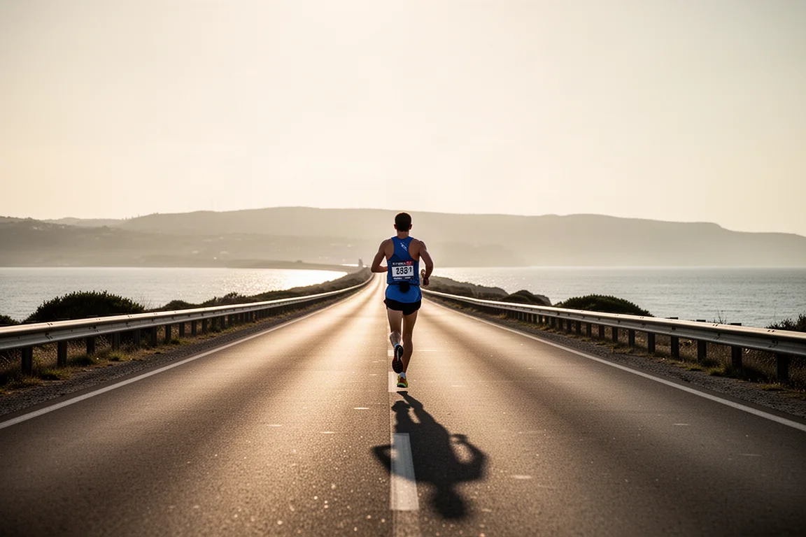 Läufer, der am Ende eines Marathons auf einem langen Hin-und-zurück-Abschnitt alles gibt