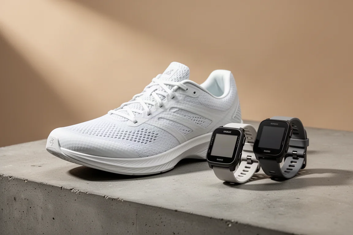 Lightweight carbon racing shoe beside two GPS running watches on a concrete surface