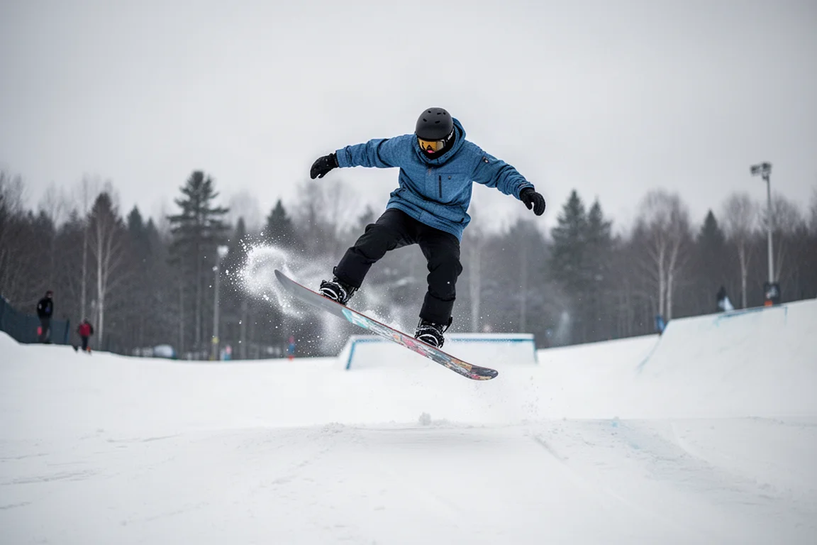 Snowboarder presionando y haciendo butter en una pista de park nevada con luz suave