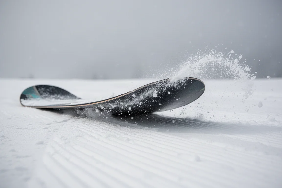 El canto de una tabla de snowboard tallando sobre nieve dura con polvo levantándose detrás