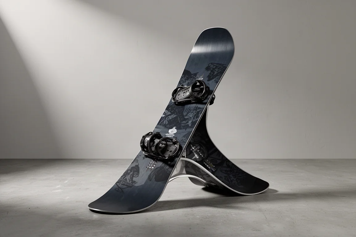 Twin-tip park snowboard standing upright on a matte concrete surface