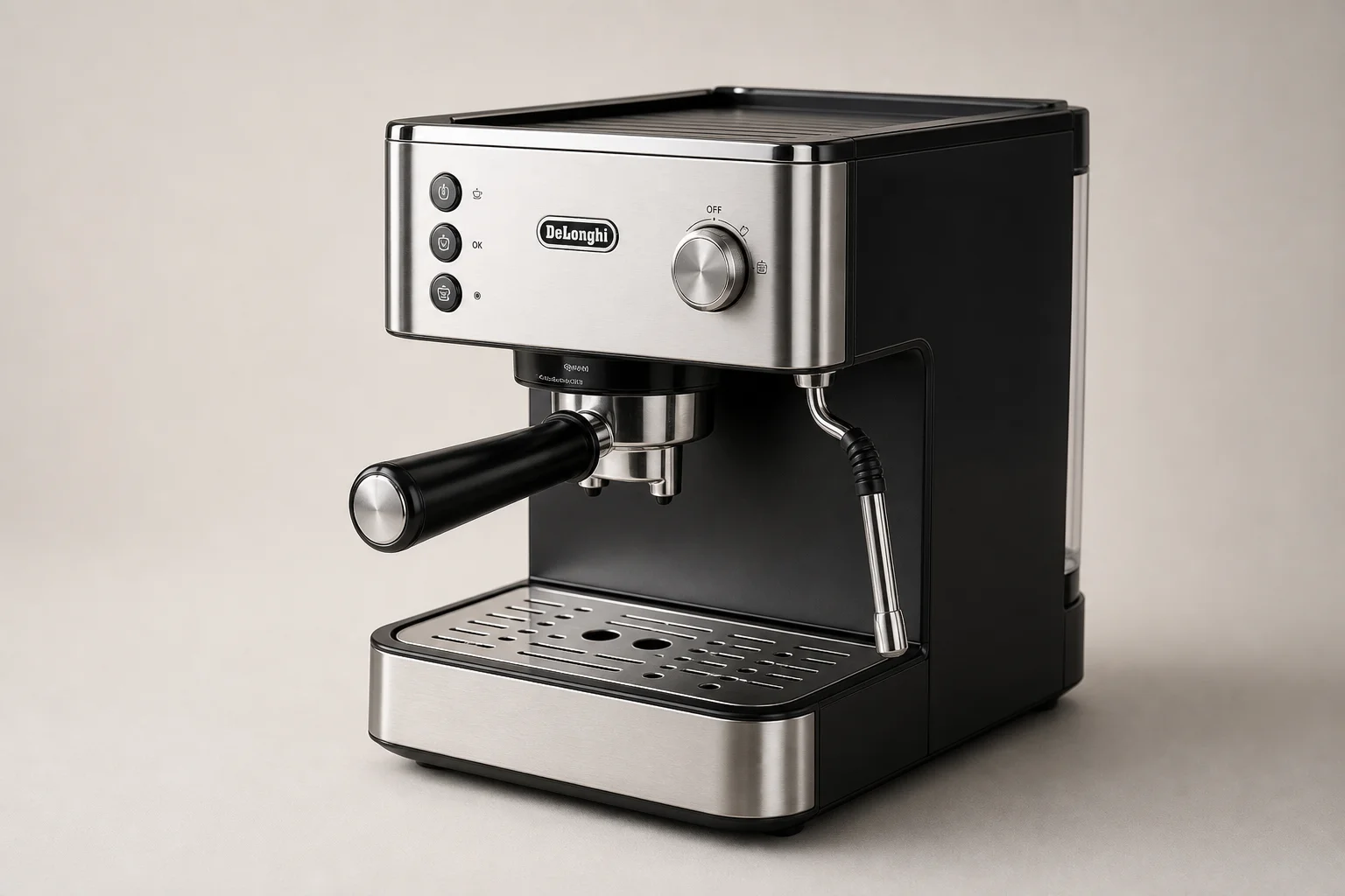 콘크리트 바닥 위에 펌프식 및 캡슐형 모델을 포함하여 나란히 배치된 5대의 Espresso 머신