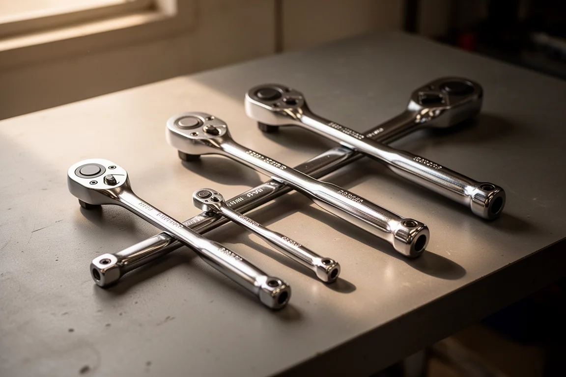 Three chrome flex-head ratchets lined up on a workshop bench