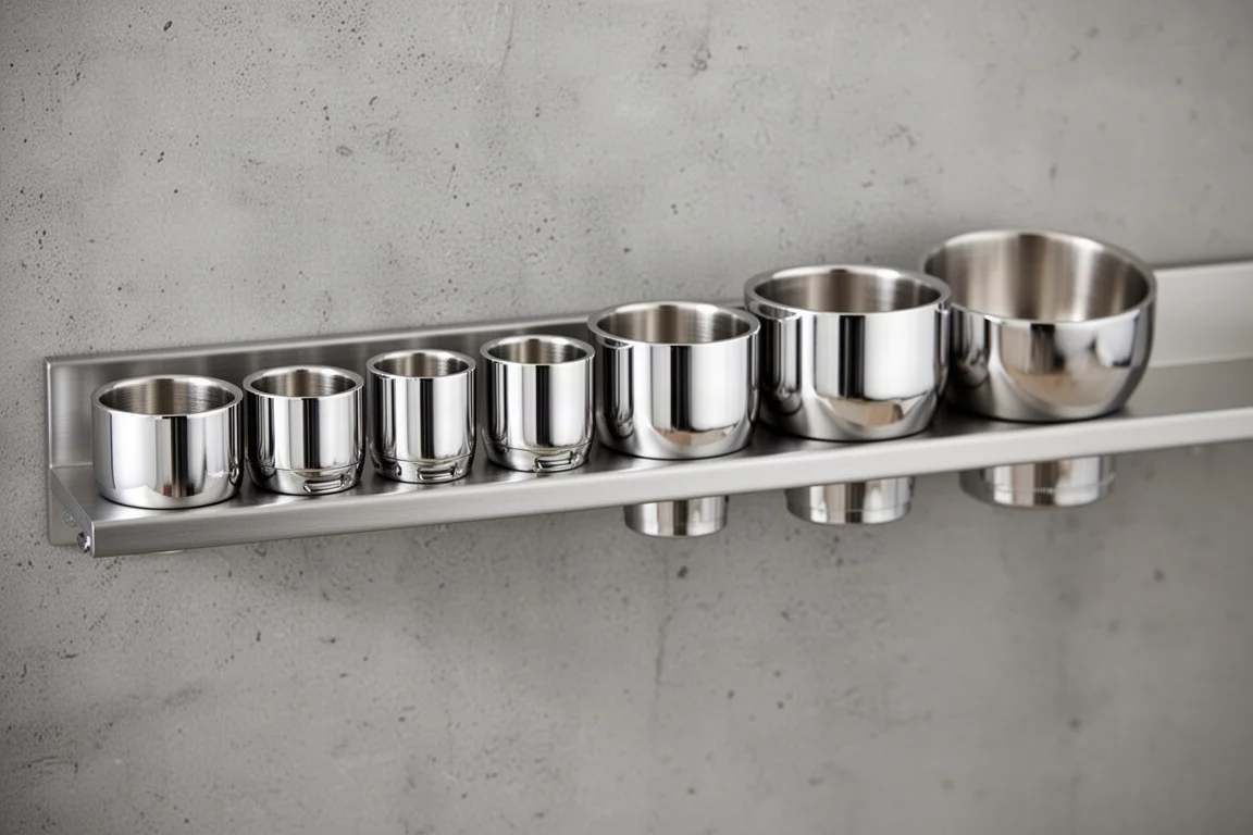 Two rows of chrome semi-deep sockets on a storage rail